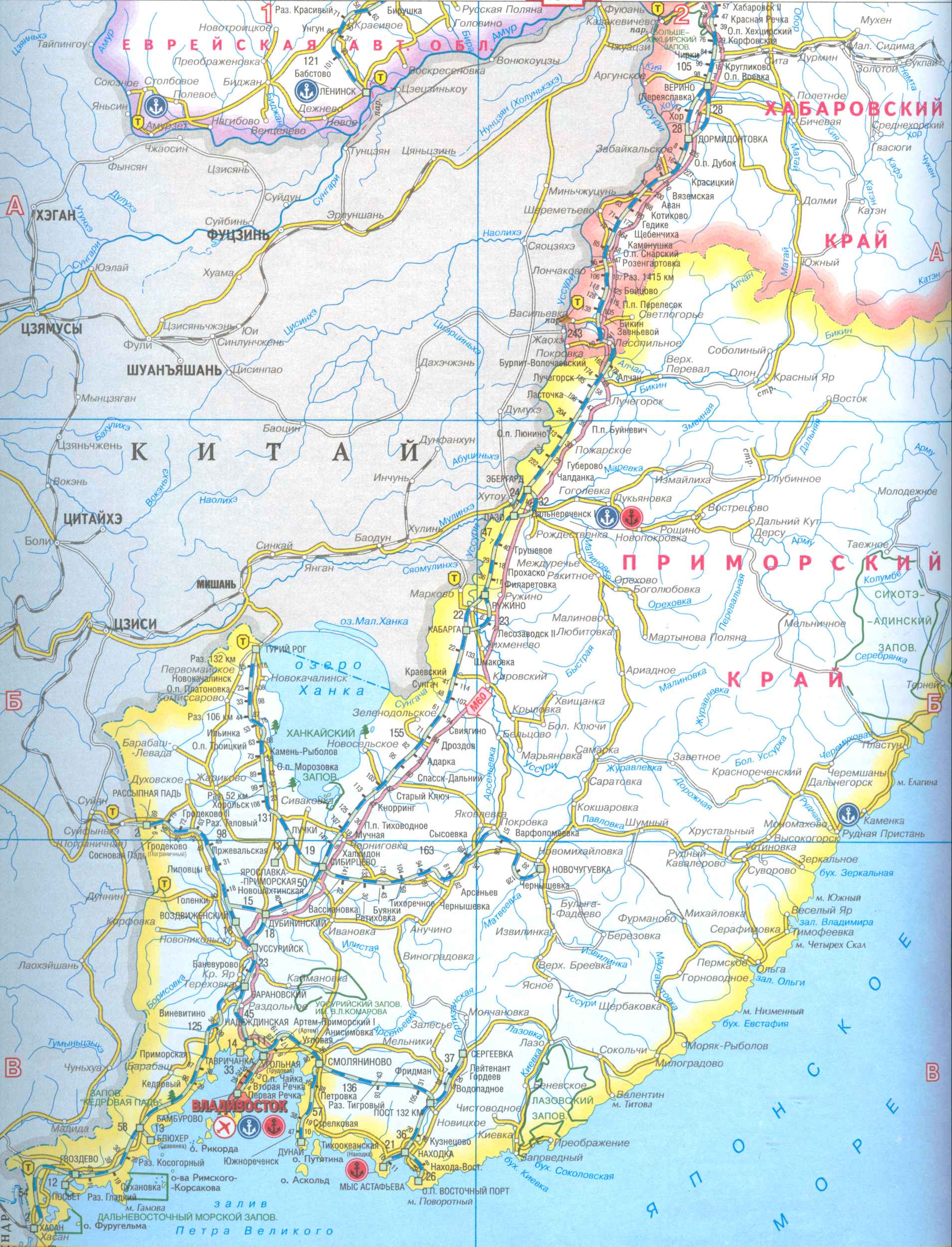 Карта Приморского края. Карта жд и автомобильных дорог Приморского края, 1см=25км, A0 - 