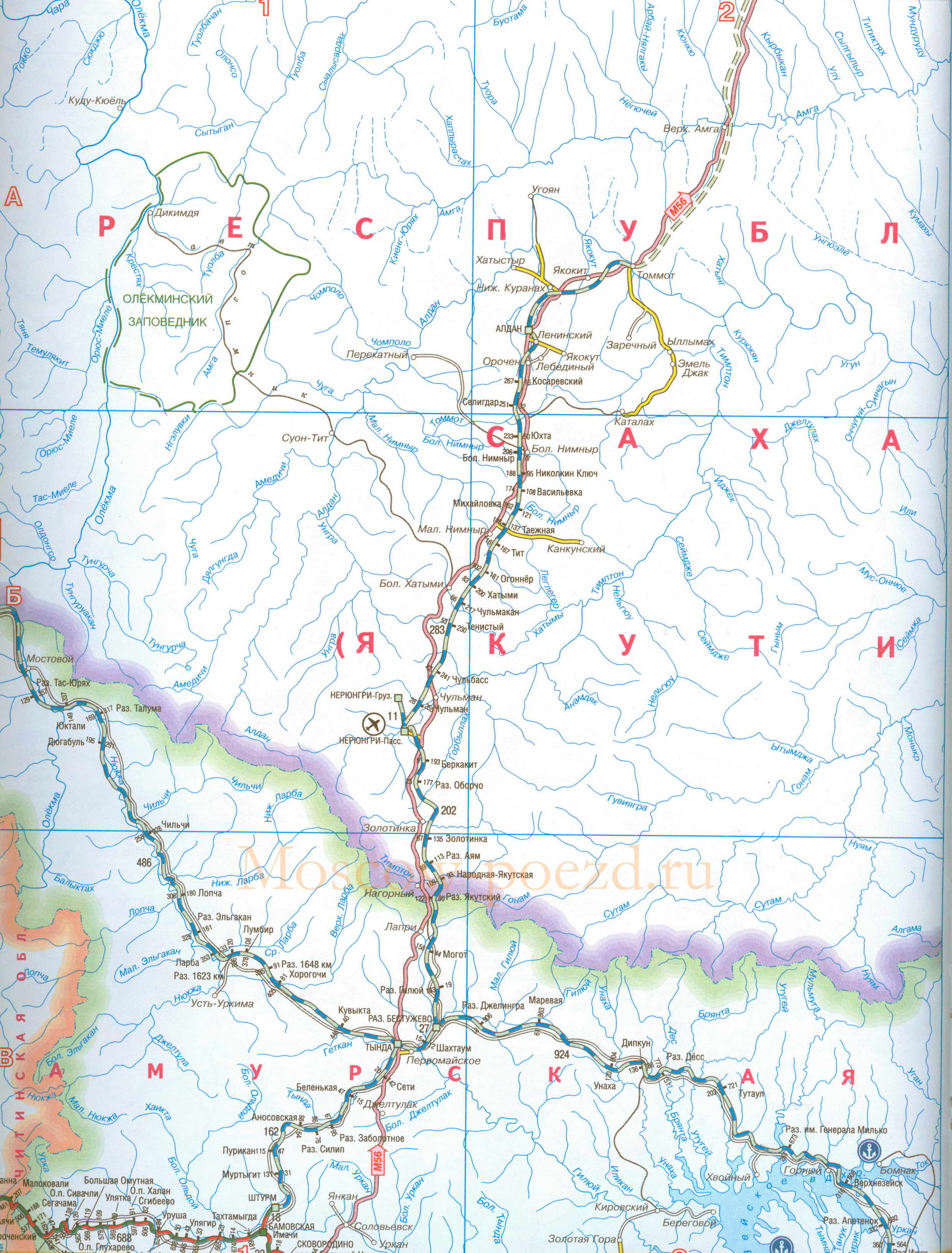 Карта Якутии. Карта железных и авто дорог Якутии (республика Саха) , A0 - 