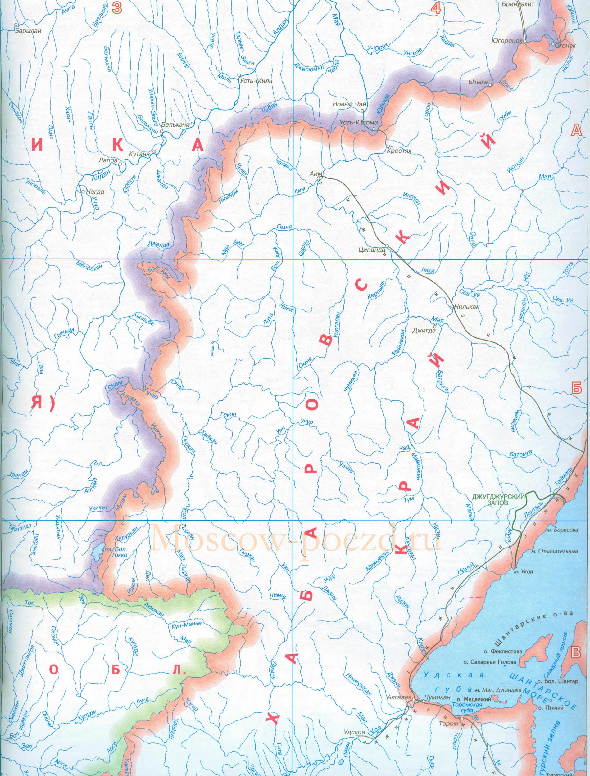 Карта Якутии. Карта железных и авто дорог Якутии (республика Саха) , B0 - 