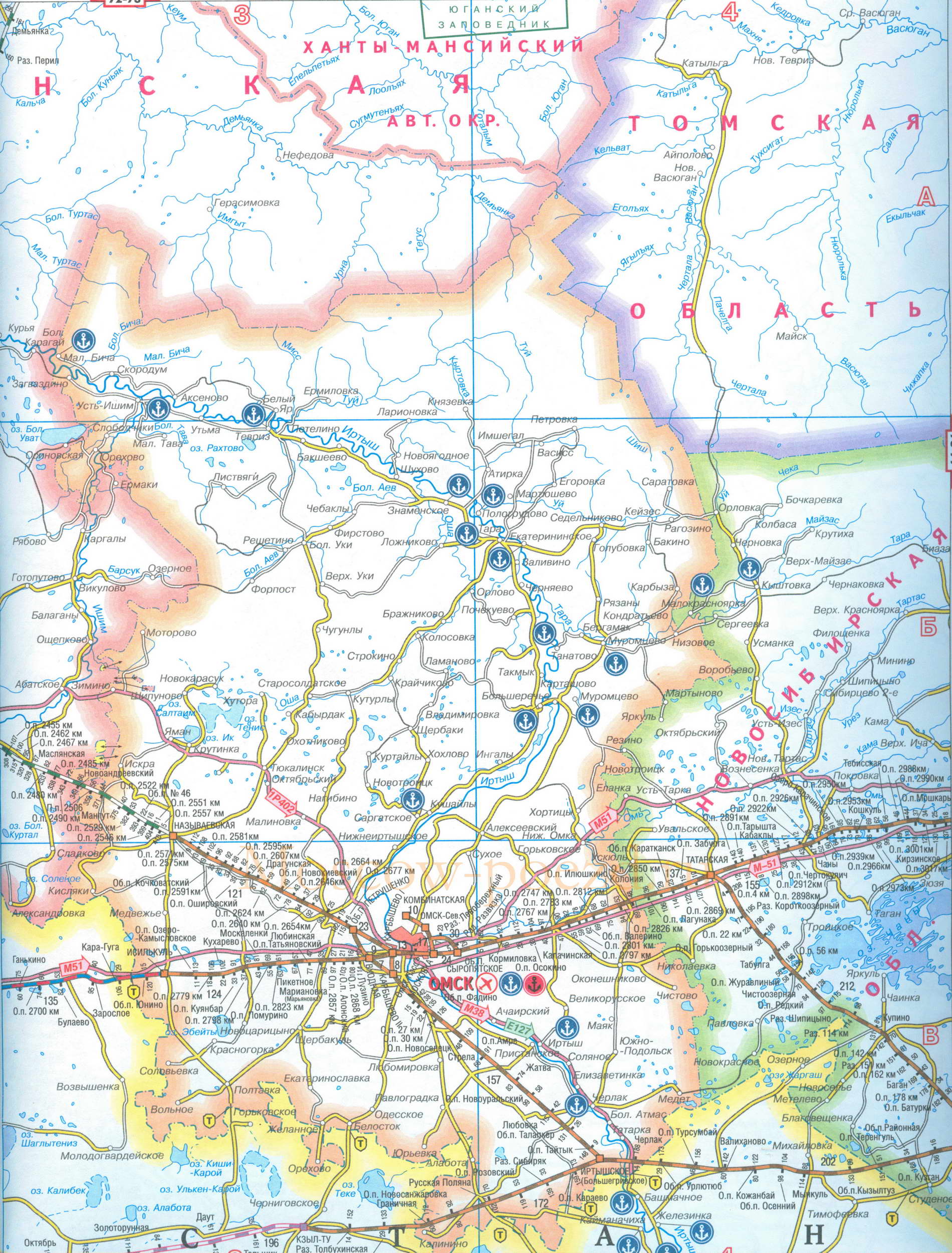 Карта Омской области. Карта железных и автомобильных дорог Омской обл, 1см=25км, A0 - 