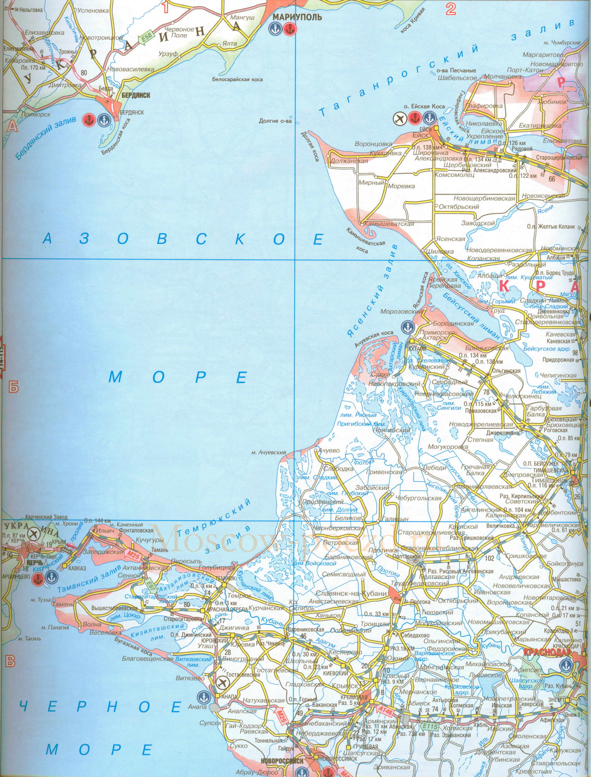 Карта Краснодарского края. Карта железных дорог и автодорог Краснодарского края, A0 - 