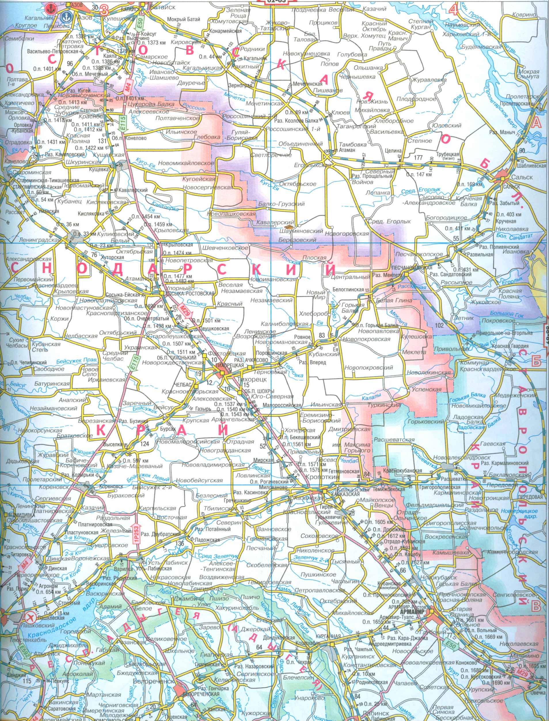 Карта Краснодарского края. Карта железных дорог и автодорог Краснодарского края, B0 - 