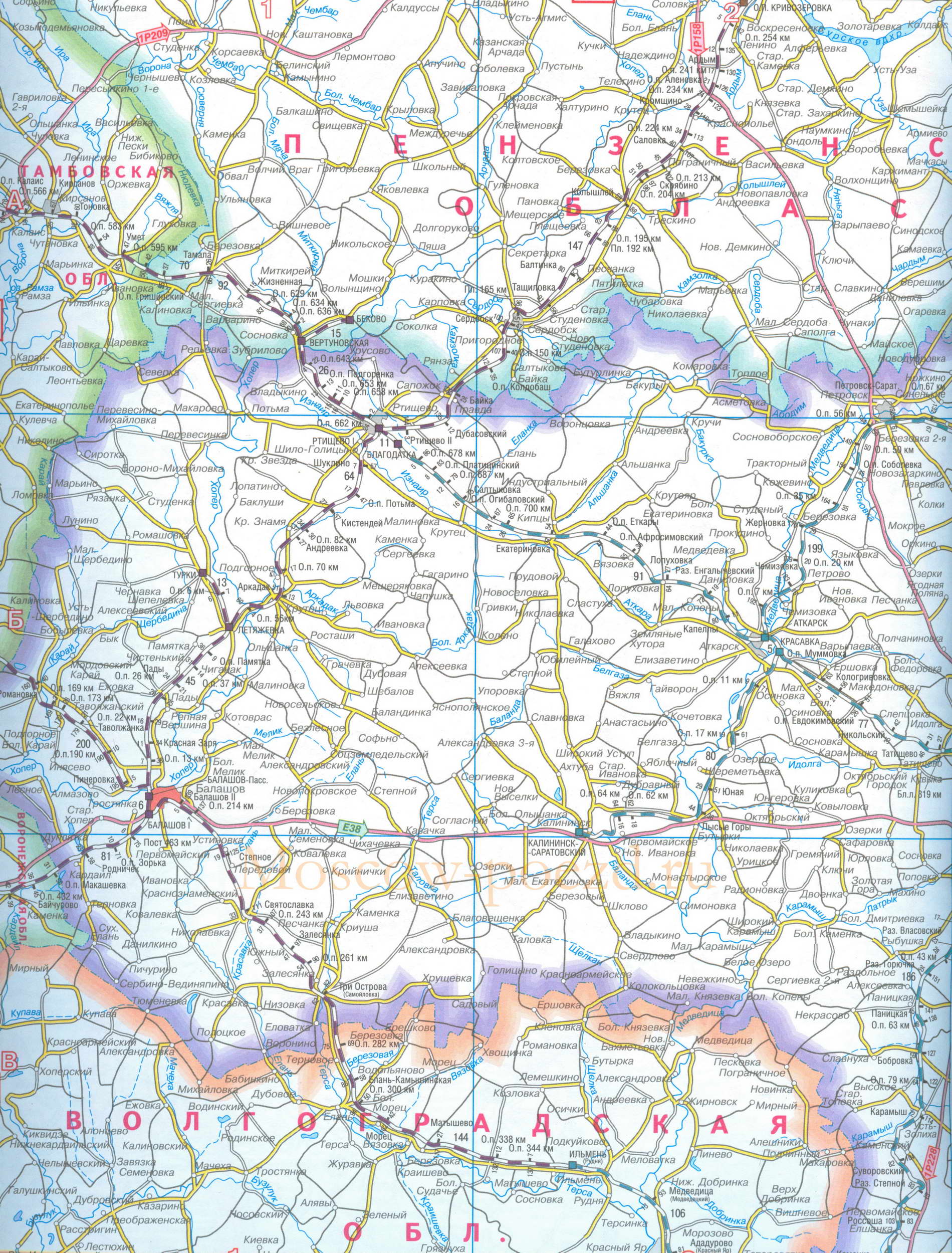 Карта Саратовской области. Карта железных дорог и автодорог -  Саратовская область, масштаб 1см = 10км, A0 - 