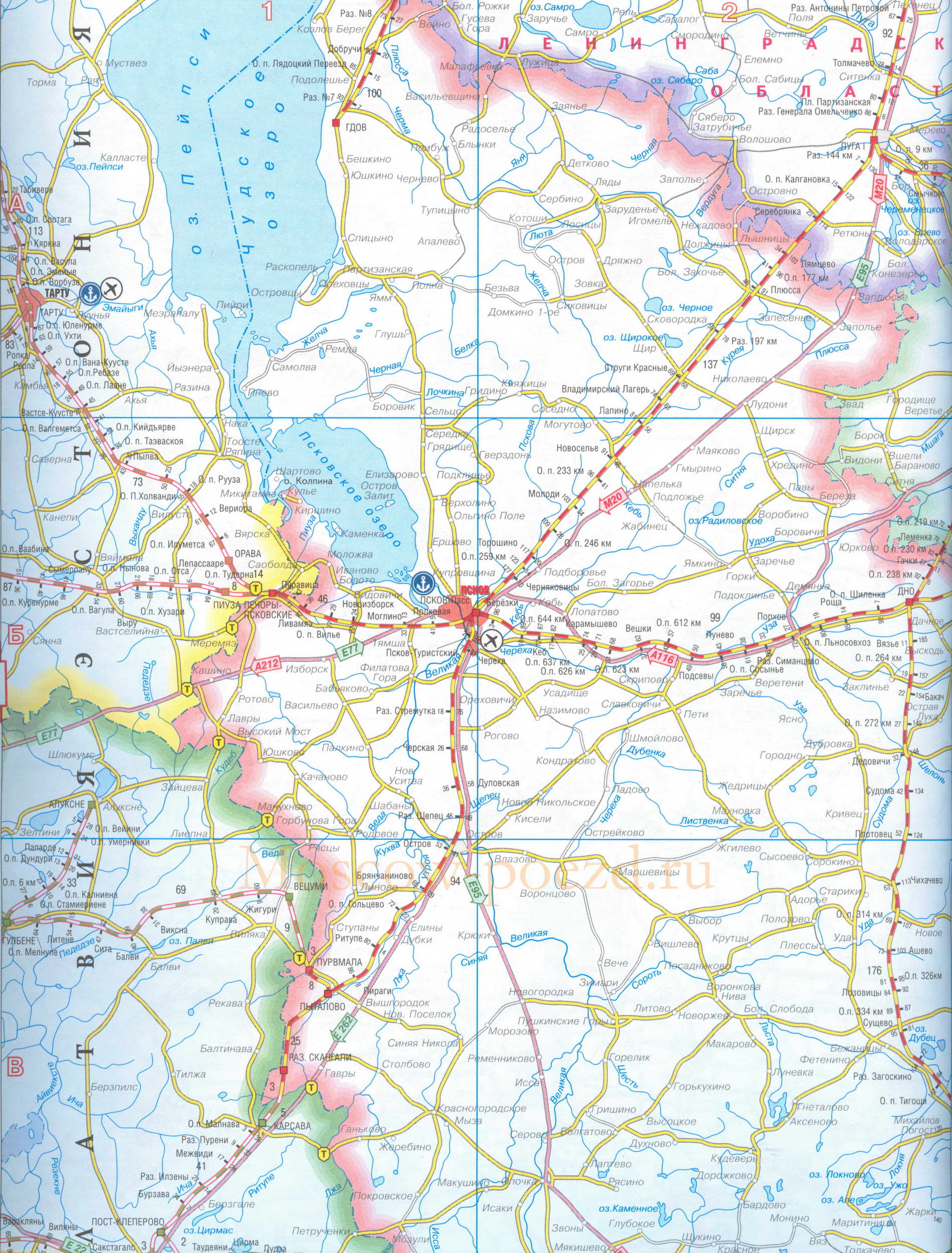Карта Псковской области. Карта железных и автомобильных дорог - Псковская область, 1см=10км, A0 - 