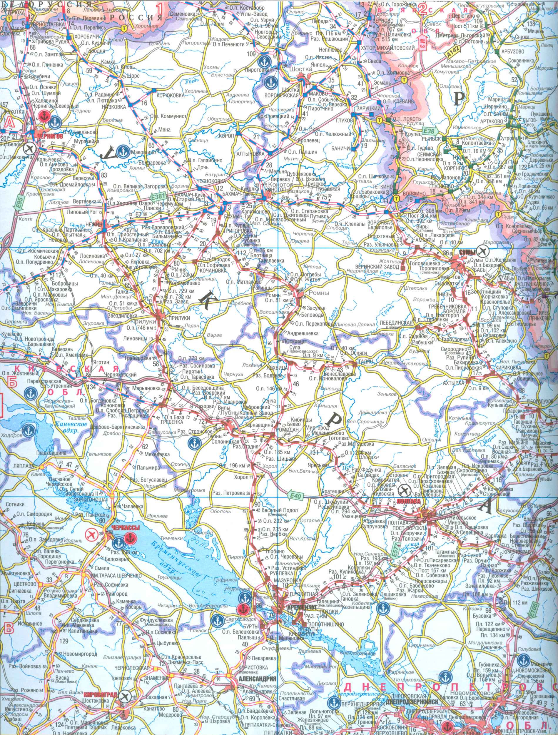 Карта левобережной Украины. Карта железных дорог и автодорог левобережной Украины, масштаб 1см:16км, A0 - 