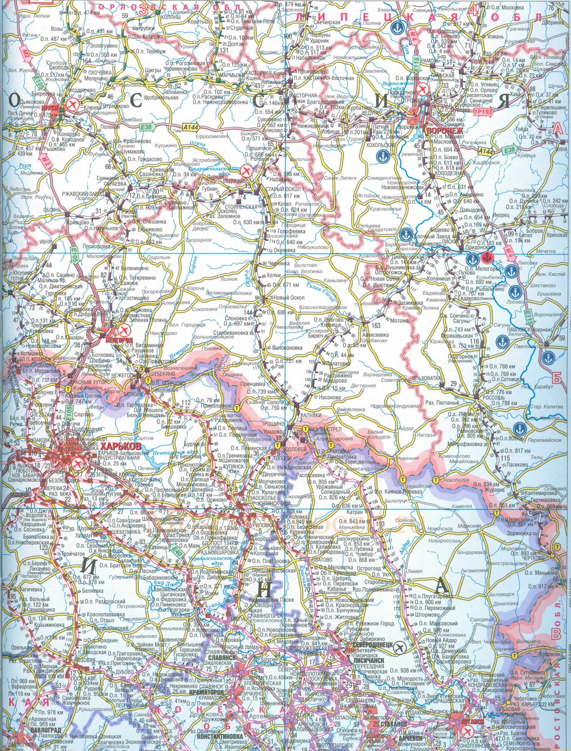 Карта левобережной Украины. Карта железных дорог и автодорог левобережной Украины, масштаб 1см:16км, B0 - 