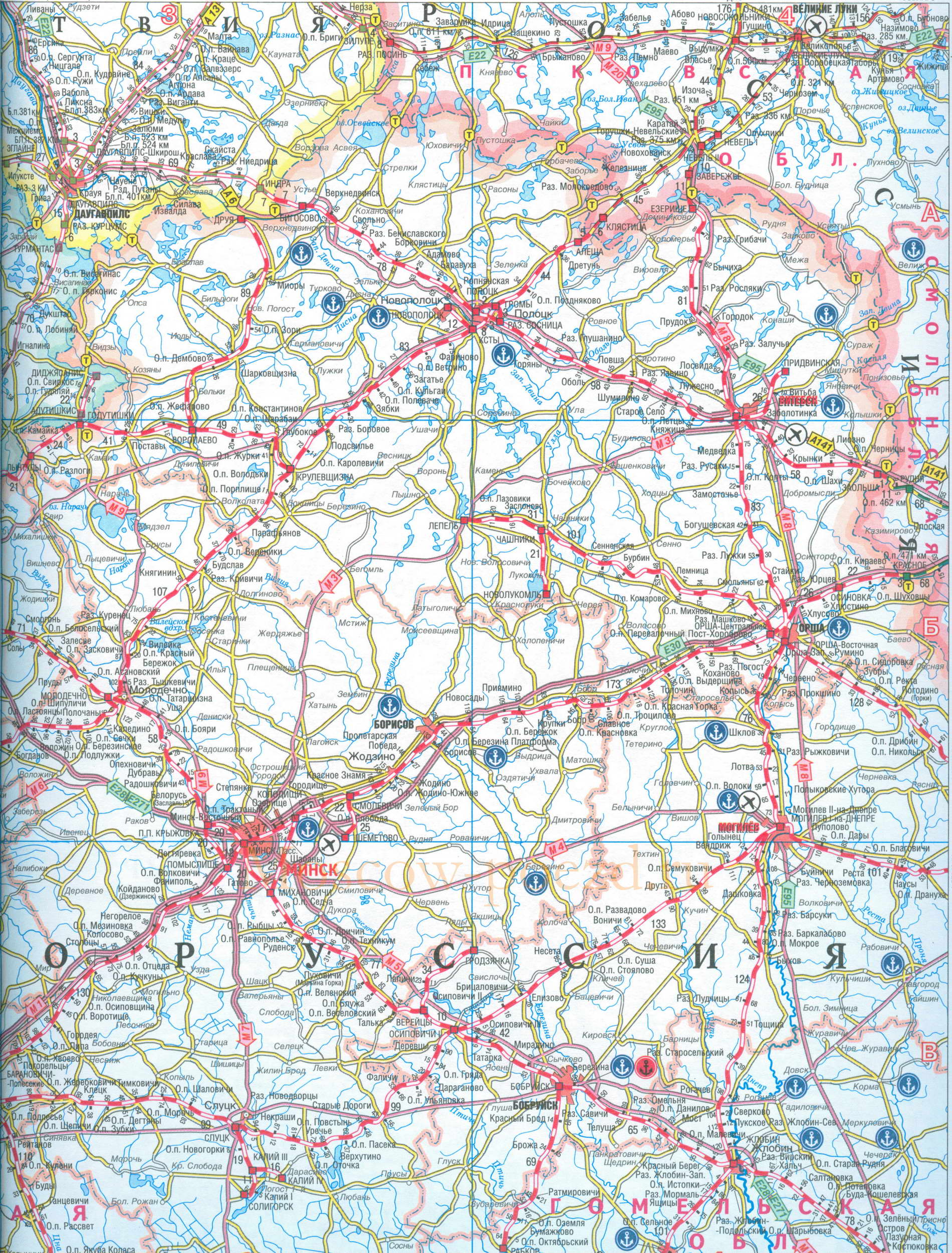 Карта Белоруссии. Карта железных дорог и автодорог Белоруссии масштаба 1см:16км, B0 - 
