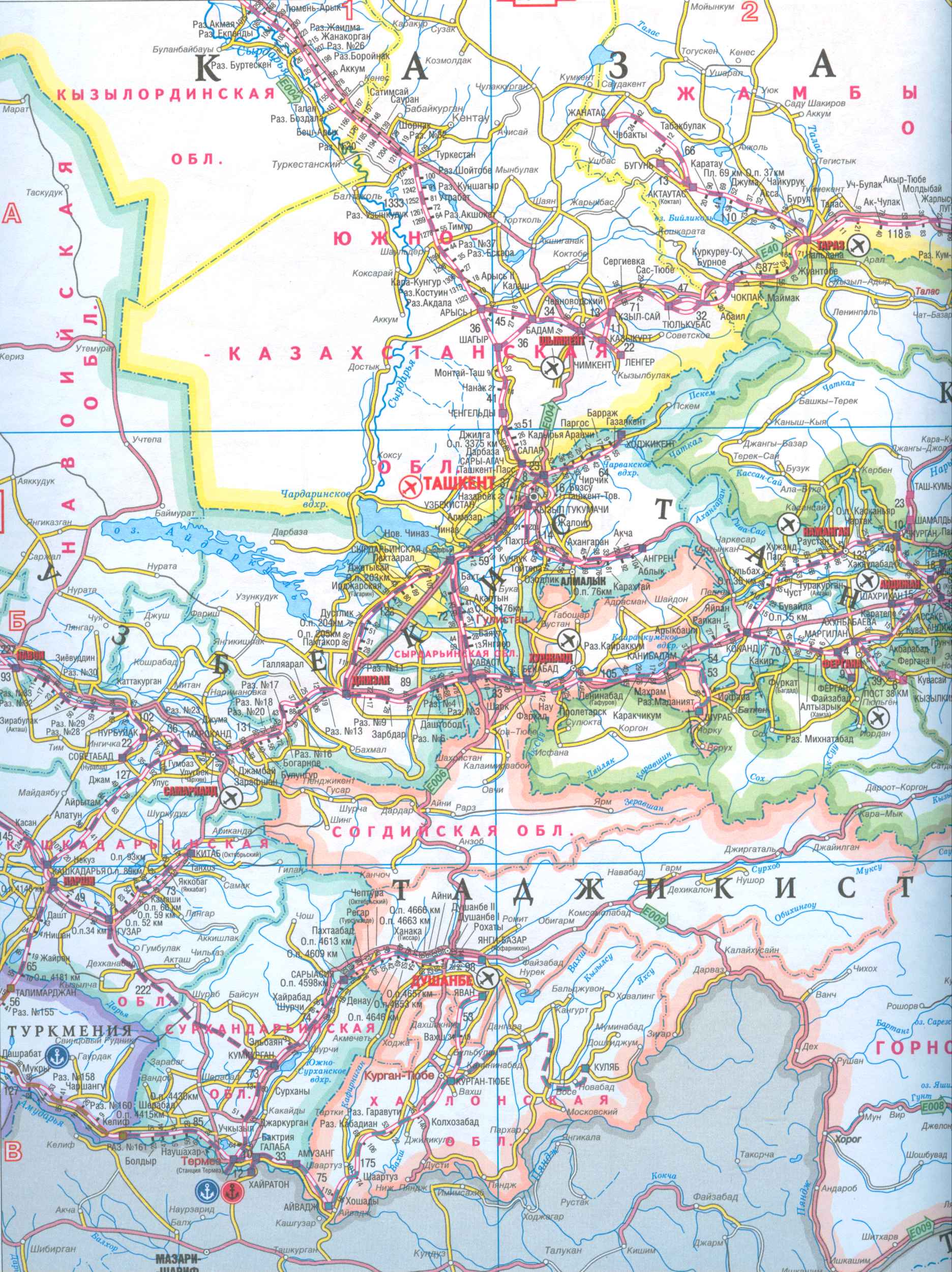 Карта Киргизии и Таджикистана. Карта желехных дорог и автодорог Киргизии и Таджикистана, A0 - 