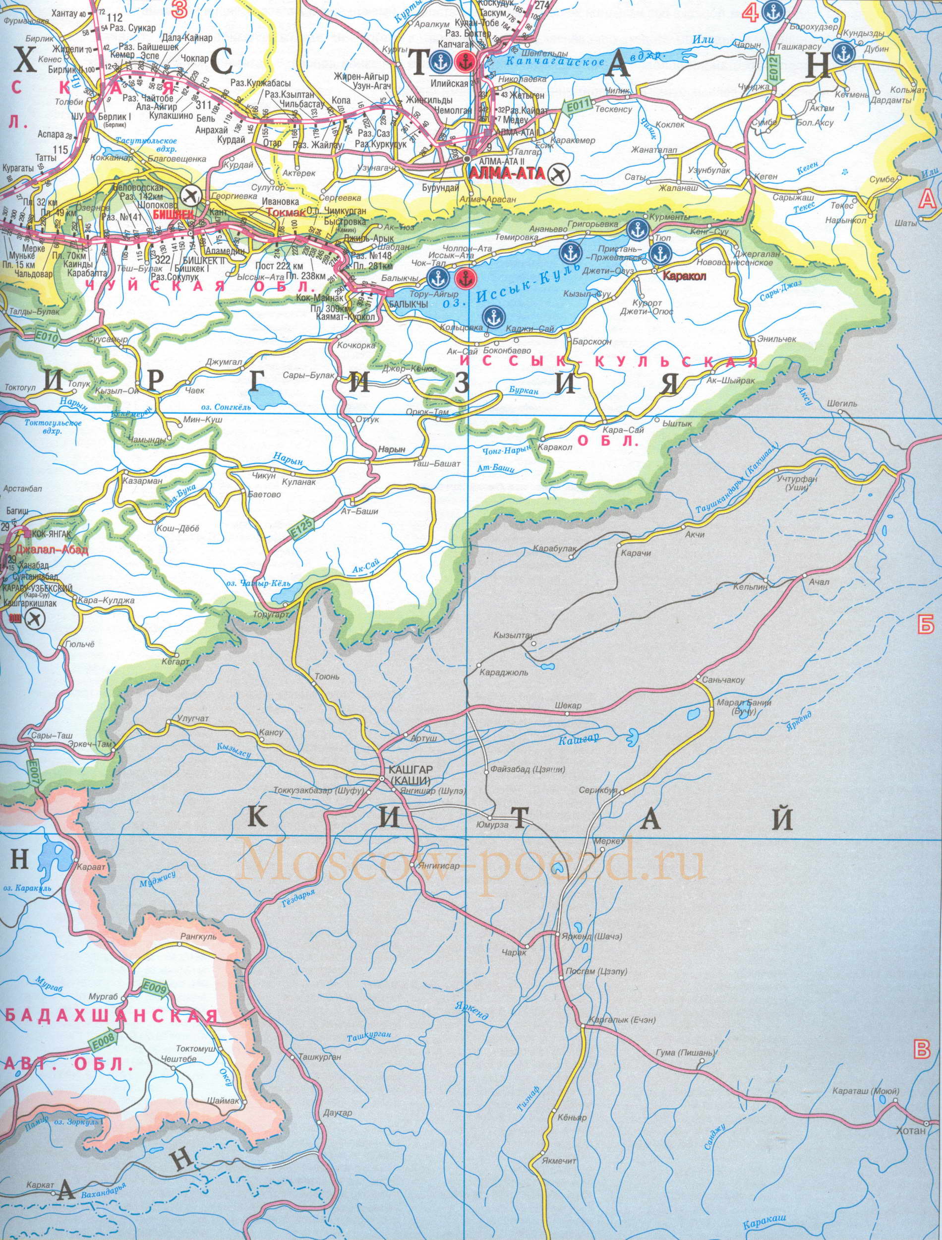 Карта Киргизии и Таджикистана. Карта желехных дорог и автодорог Киргизии и Таджикистана, B0 - 