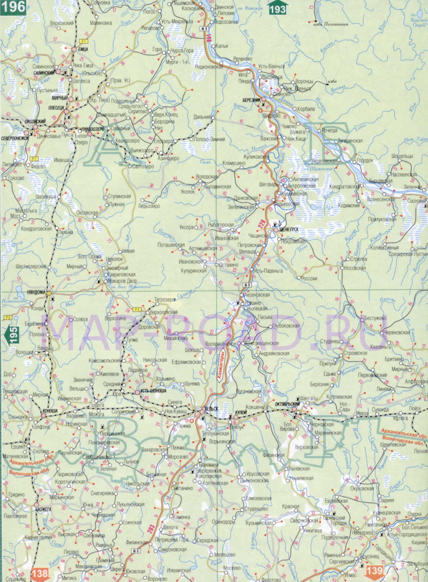 Карта Архангельской области 1см:15км. Карта автомобильных и железных дорог - Архангельская область, A1 - 