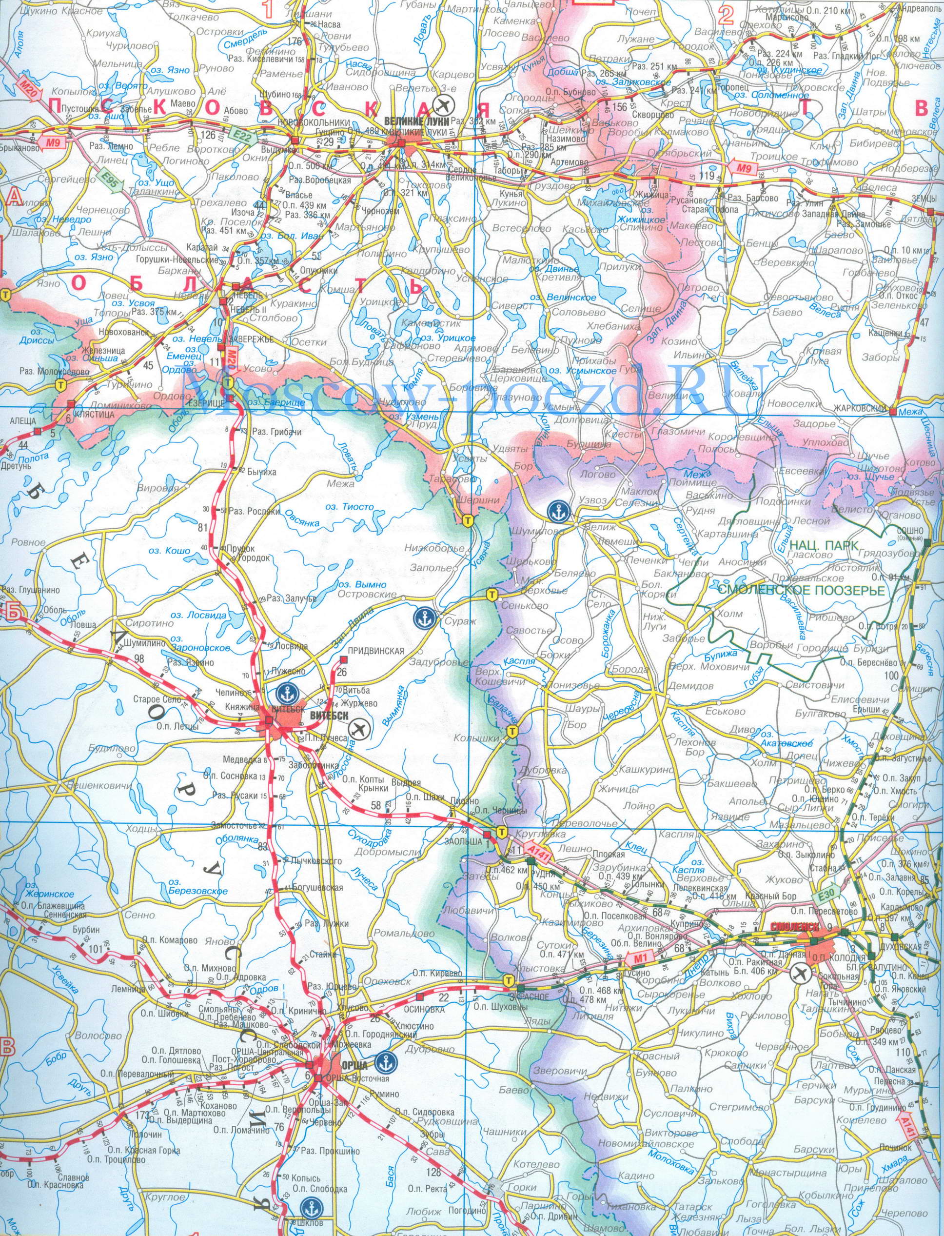 Карта Белорусской железной дороги - Витебск, Орша, Смоленск, Невель. Карта жд Белоруссии, A0 - 